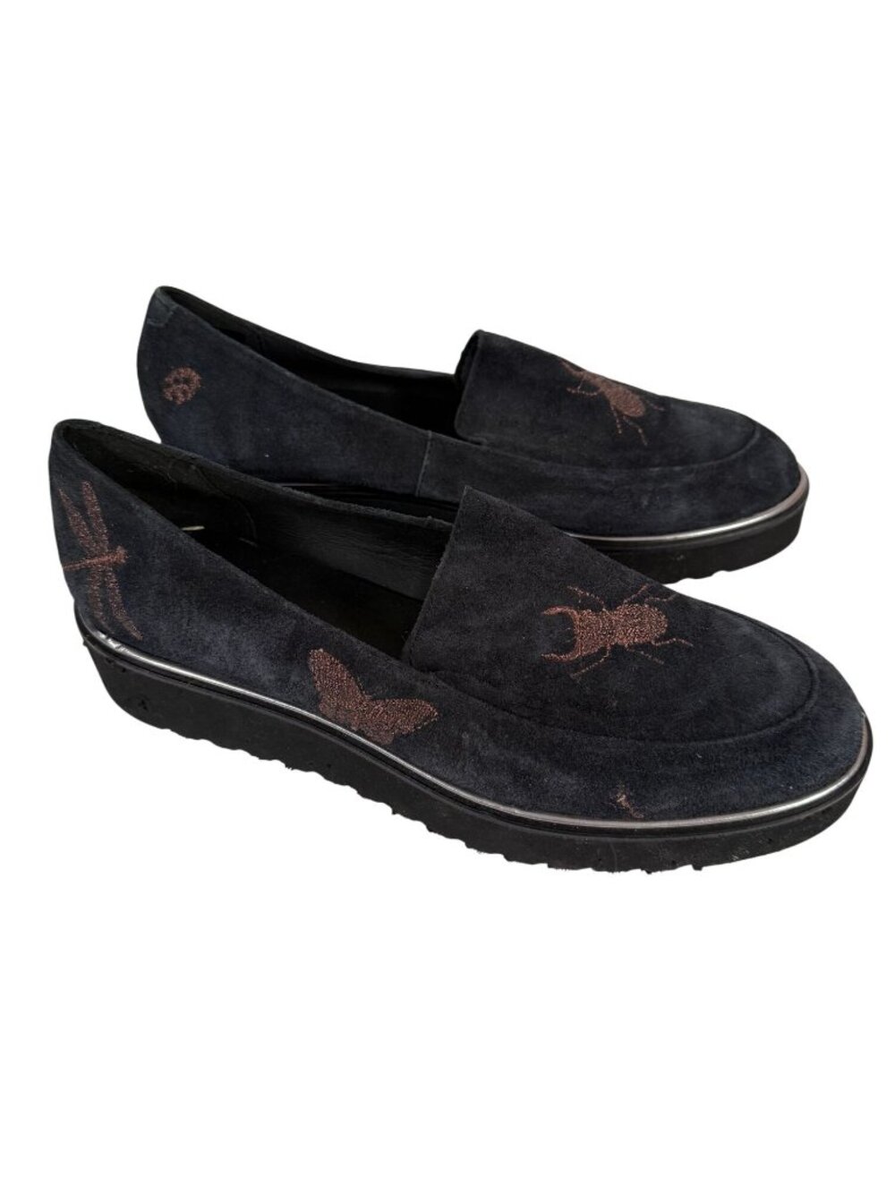 Eric Michael Metallic Bug Insect Butterfly Black Suede Loafers Size 40/ US 9.5